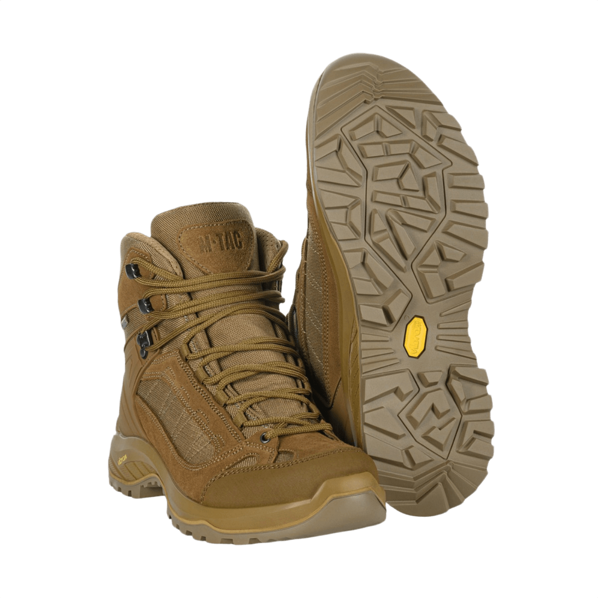 M-Tac Taktiske Demi-Season Støvler Pro Line ruskeana, kestävä suede ja Vibram-pohja maksimaaliseen mukavuuteen ja vakauteen.