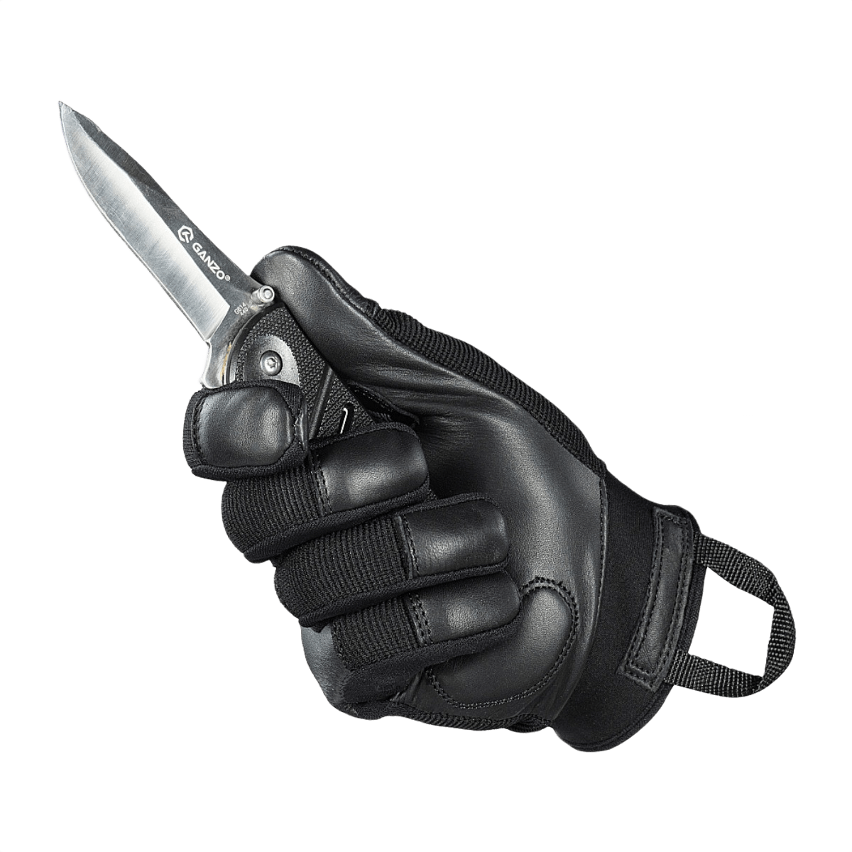 M-Tac Handsker Police Gen.2 en taktinen käsine, musta nahka ja synteettinen materiaali, joka antaa pitävän otteen veitsestä.