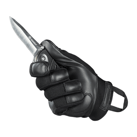 M-Tac Handsker Police Gen.2 en taktinen käsine, musta nahka ja synteettinen materiaali, joka antaa pitävän otteen veitsestä.