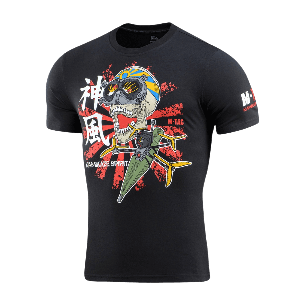 M-Tac T-Shirt Kamikaze Spirit, FPV-teemainen tyylitelty pääkallopainatus. Musta t-paita japanilaisella aurinkolipputeemalla, optimaalinen mukavuus ja kestävyys.