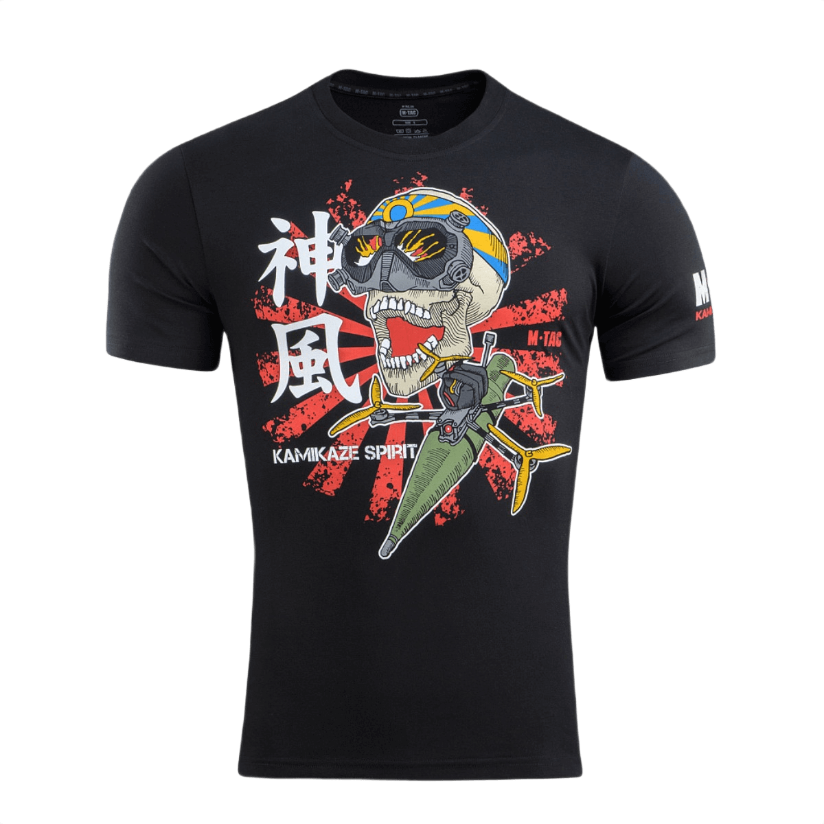 M-Tac T-Shirt Kamikaze Spirit, tyylitelty pääkallo ja FPV-lasit japanilaisen aurinkolipun edessä. 93% puuvillaa, 7% elastaania.