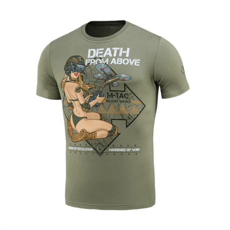 M-Tac T-Shirt Delivery Service Pin-up-printillä ja 'Death from Above' -tekstillä, vihreä puuvillainen T-paita, inspiroitunut toisesta maailmansodasta.