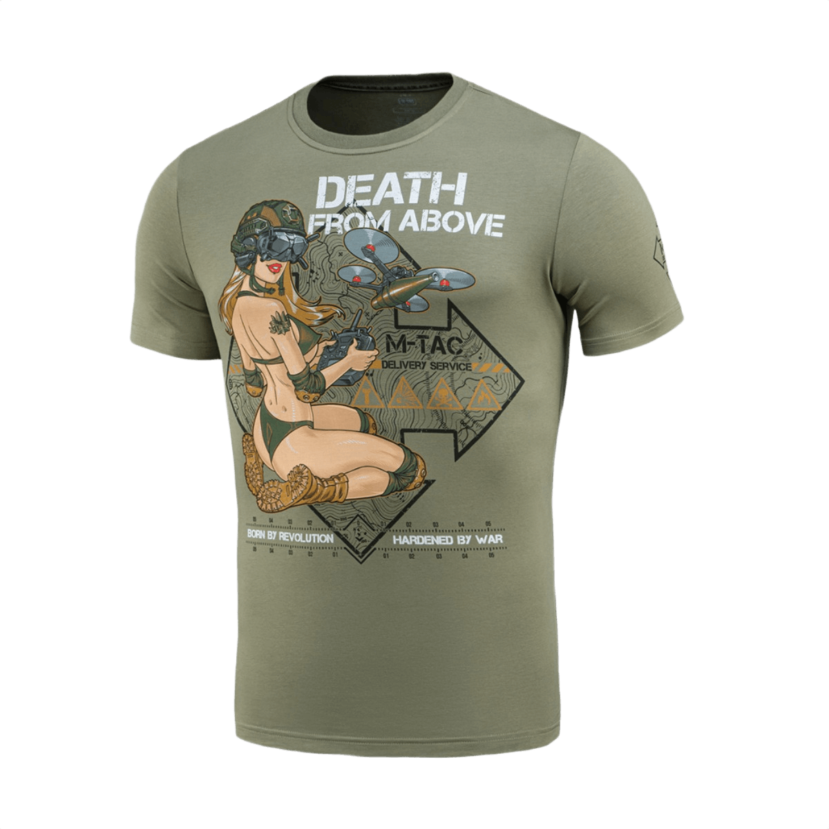 M-Tac T-Shirt Delivery Service Pin-up-printillä ja 'Death from Above' -tekstillä, vihreä puuvillainen T-paita, inspiroitunut toisesta maailmansodasta.