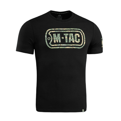 Musta M-Tac T-Shirt Logo camokuvioinnilla, "Born by Revolution" -slogan hihassa ja "Military&Tactical Since 2014" -teksti selässä.