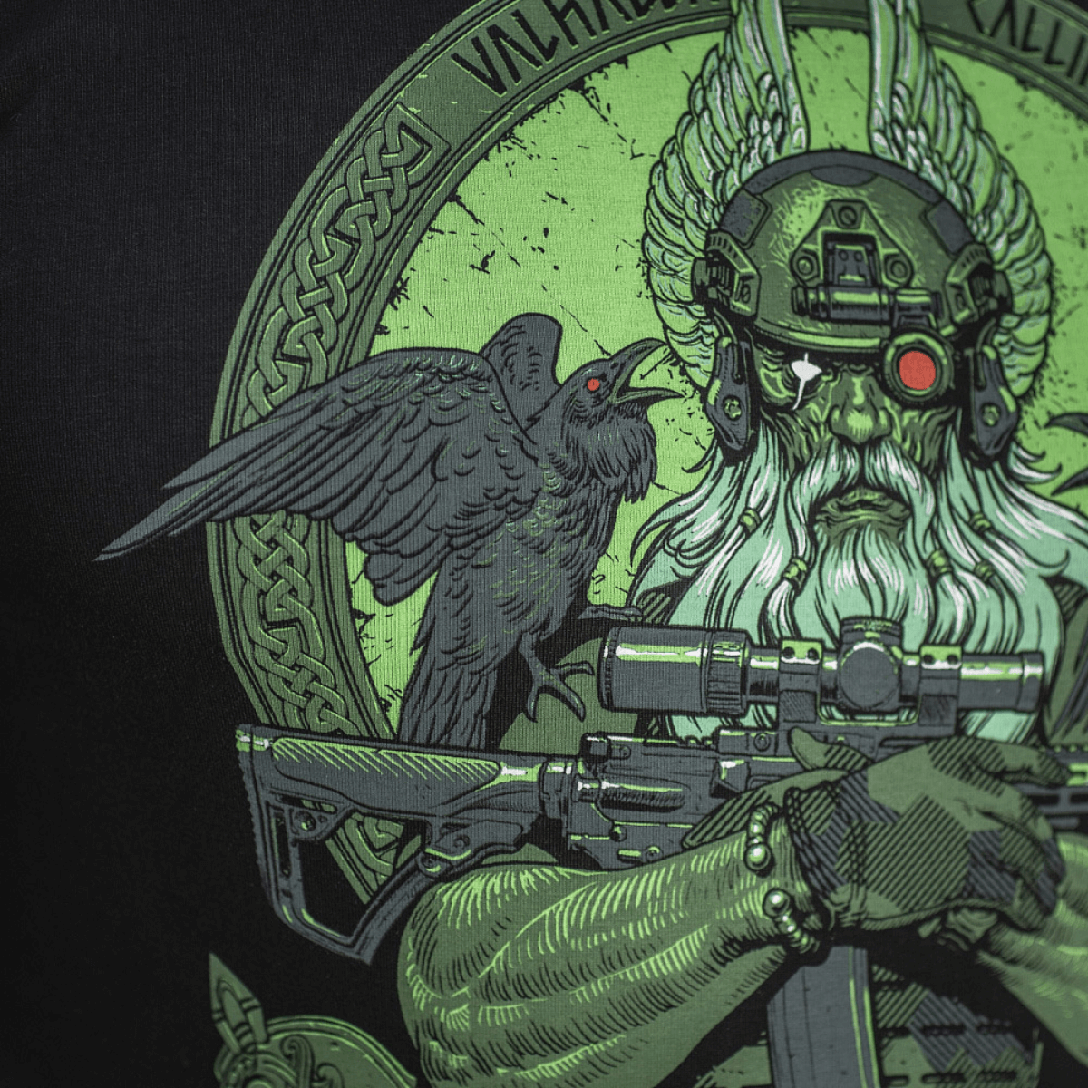 M-Tac T-Shirt Night Vision Odin-printillä taisteluvarusteissa ja NVG-kypärässä, korpit Hugin ja Munin ja teksti 'Valhalla Calling'.
