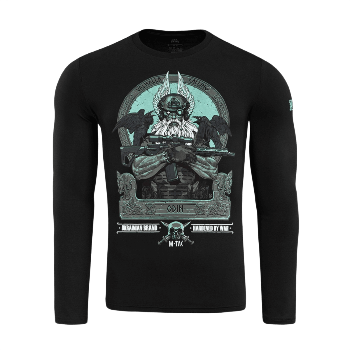 M-Tac T-Shirt Odin Mystery Long Sleeve Odinilla ja korpeilla Hugin ja Munin, moderni taisteluvälineistö ja teksti 'Valhalla Calling'.