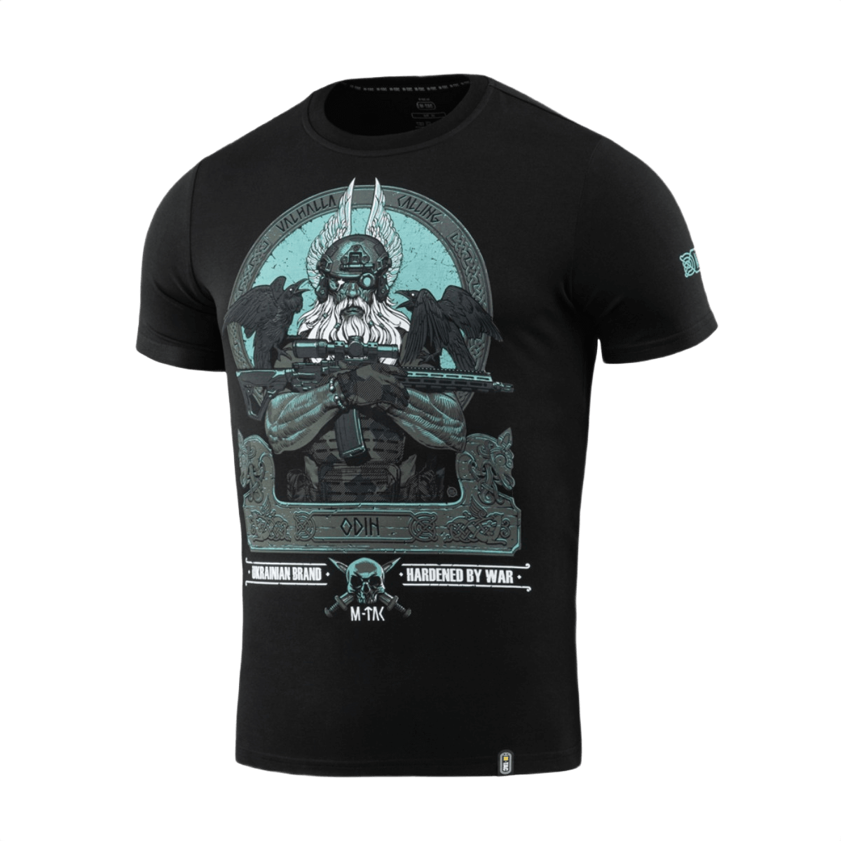 M-Tac T-Shirt Odin Mystery mustana, Odin-printti, korpit Hugin ja Munin ja 'Valhalla Calling' -teksti, pehmeä puuvillasekoite.