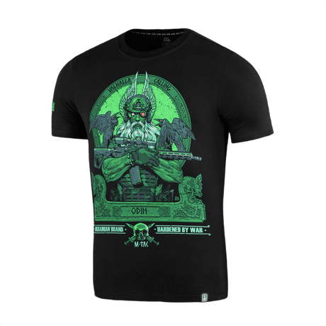 M-Tac T-Shirt Night Vision Odin-printillä taisteluvarusteissa ja NVG-kypärällä, teksti 'Valhalla Calling' ja korpit Hugin ja Munin.