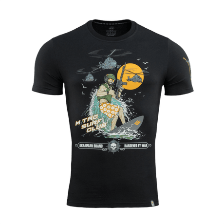 M-Tac T-Shirt Surf Club erikoisjoukkojen sotilaskuviolla, musta paita, innoittajana ukrainalaiset operaatiot; puuvilla‑elastaaniseos.