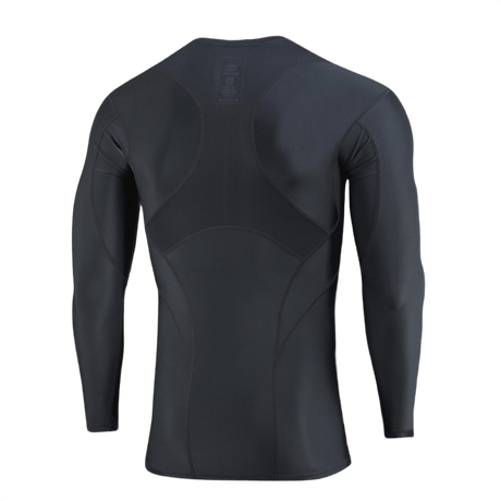 Musta M-Tac Thermal Rashguard -T-paita, ihanteellinen baselayer talveen, tehty kestävästä ja lämmönsäilyttävästä materiaalista, takaa nähtynä.