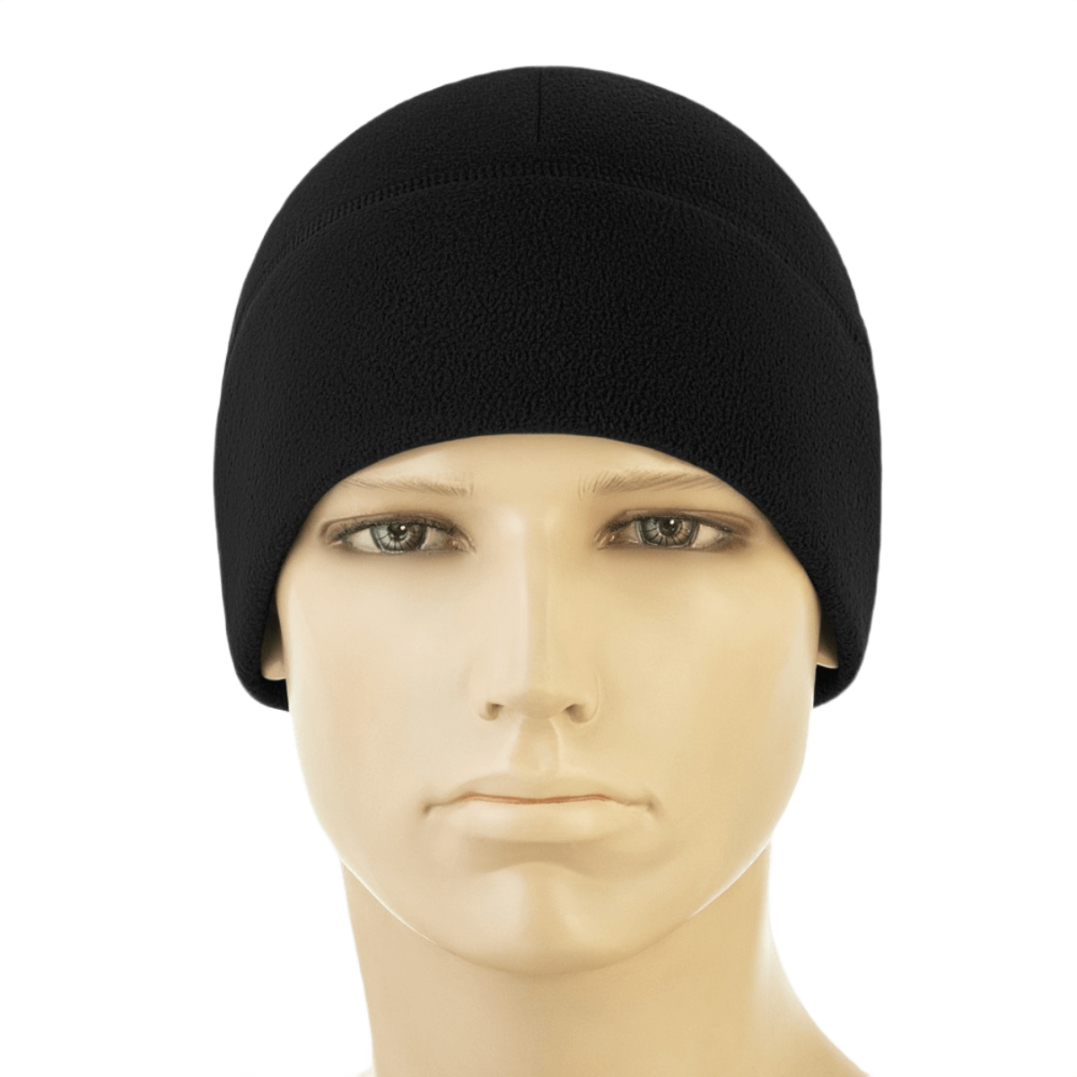 Musta M-Tac Watch Cap Elite Fleece Beanie Hat Slimtex mannekiinin päässä, sopii kylmään ja taktiseen käyttöön, valmistettu fleecestä ja Slimtexistä