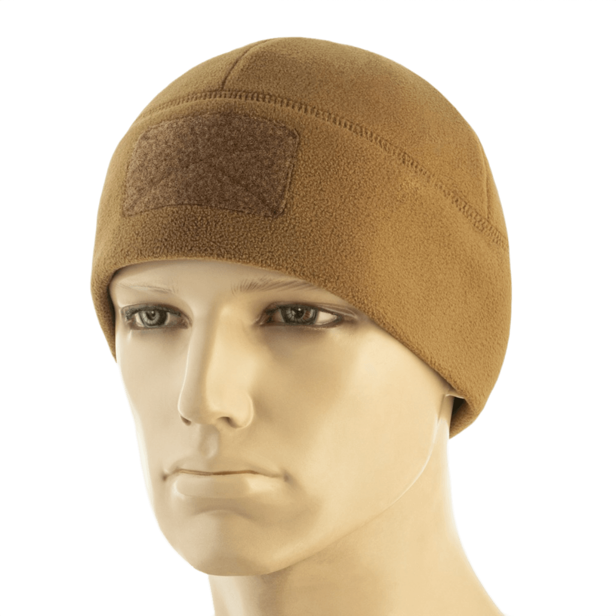 M-Tac Watch Cap Elite Fleece Beanie Hat Velcro, lämmin fleece ja Velcro-paneeli mannekiinilla.