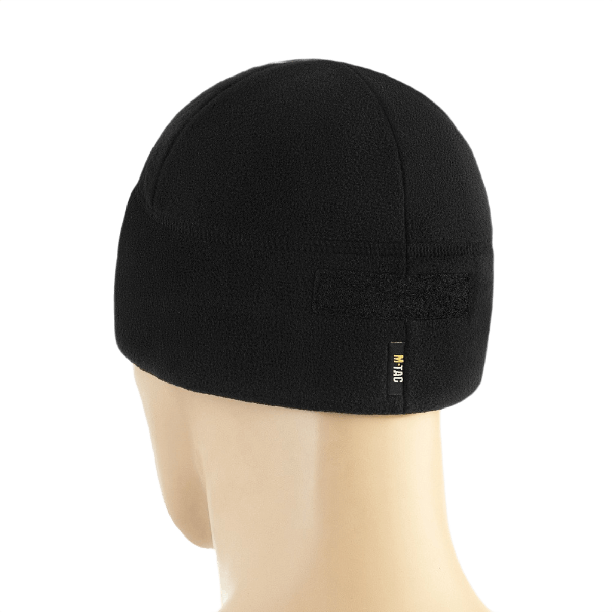 M-Tac Watch Cap Elite Fleece Beanie Hat Velcro taktiseen käyttöön, fleece-materiaalia, hyvä kulutuskestävyys. Musta pipo mannekiinilla. Täydellinen kylmään säähän.