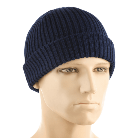 M-Tac Watch Cap 100% Akryl merensininen neulos, kaksoiskäänne, sopii kylmään säähän, esitetty mannekiinilla.