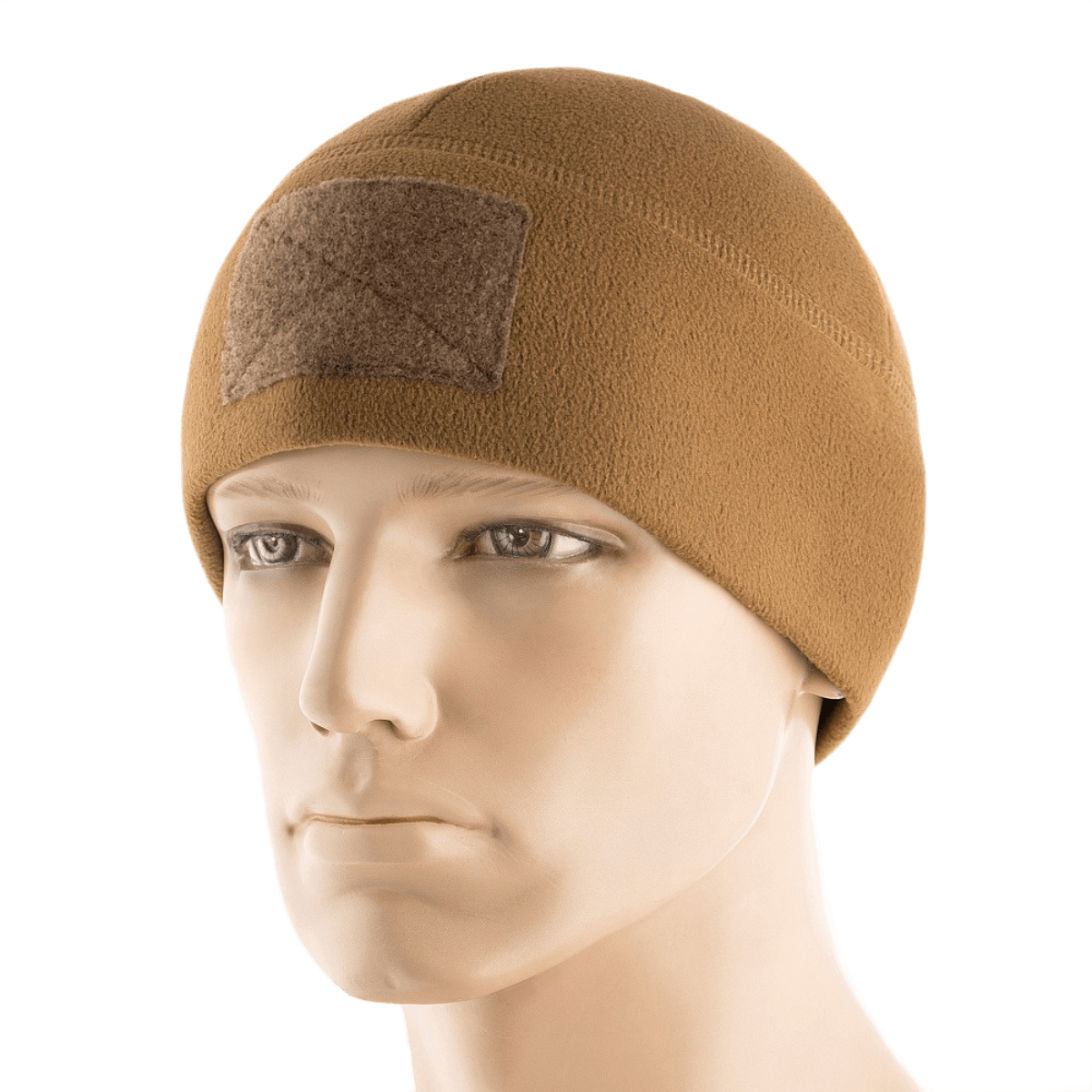 M-Tac Fleece Tactical Watch Cap Beanie m. Patch Panel ruskeana, kevyt fleecemyyssy, tilaa tarroille, sopii taktiseen käyttöön.