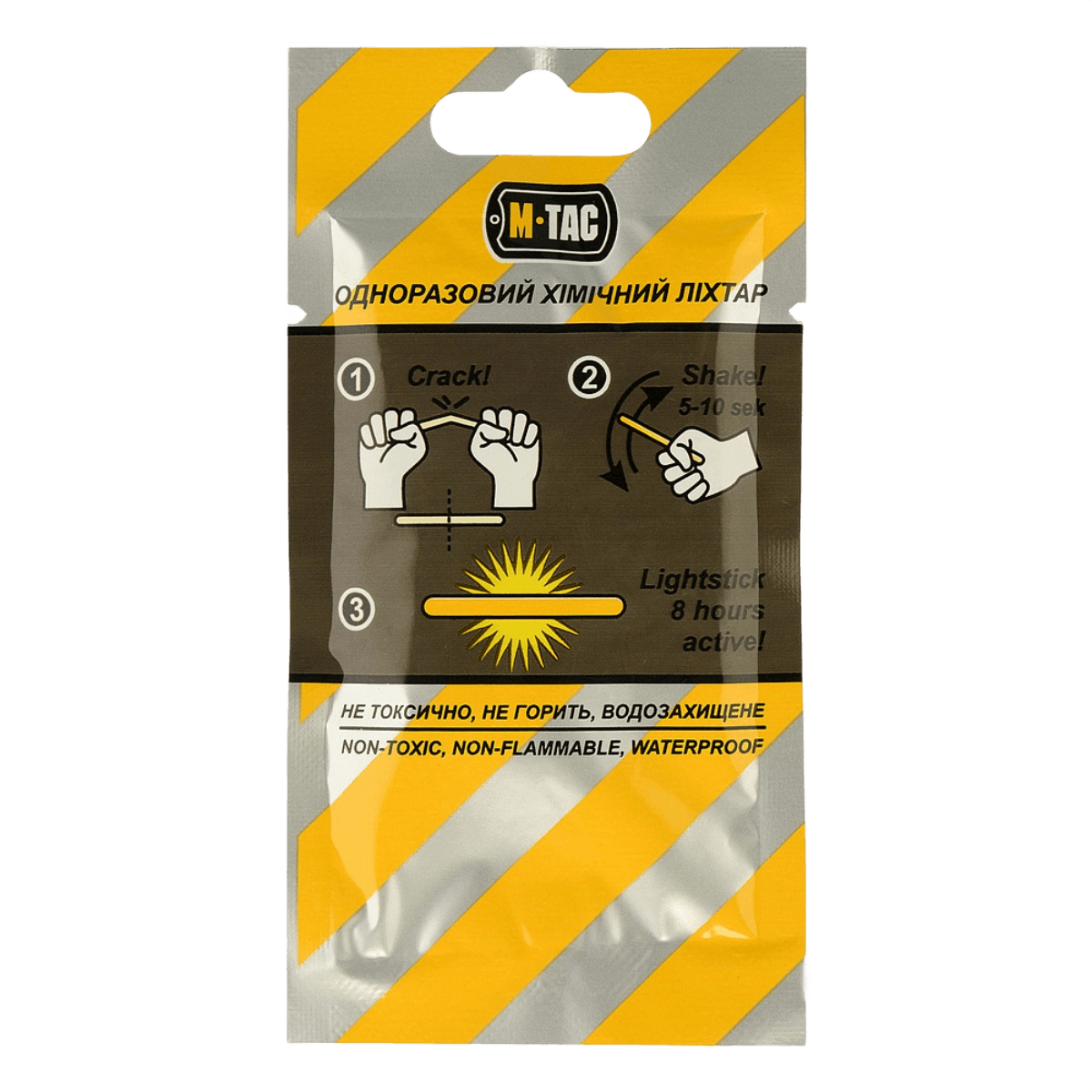 M-Tac Light Sticks 4,5x40 mm (10 kpl) pakkaus ohjeilla ja merkinnöillä, myrkytön ja vedenkestävä muotoilu, jopa 8 tunnin valo.
