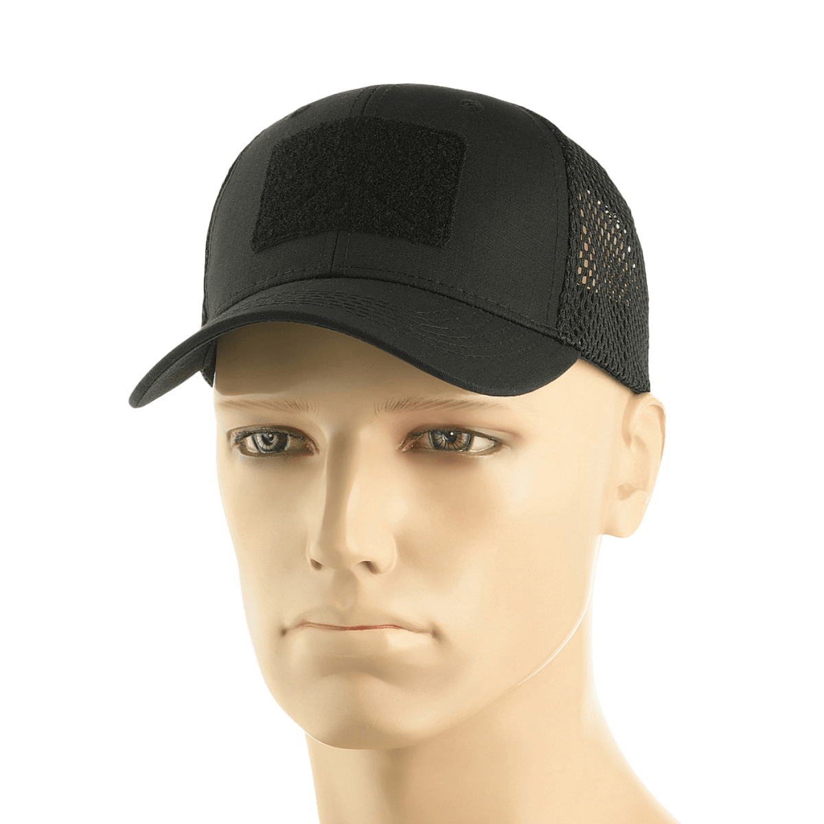 M-Tac Mesh Flex Ripstop Baseball Cap Velcro-kiinnityksellä mannekiinilla, musta, mesh-paneelit, sopii kesään ja taktiseen käyttöön, säädettävä koko.
