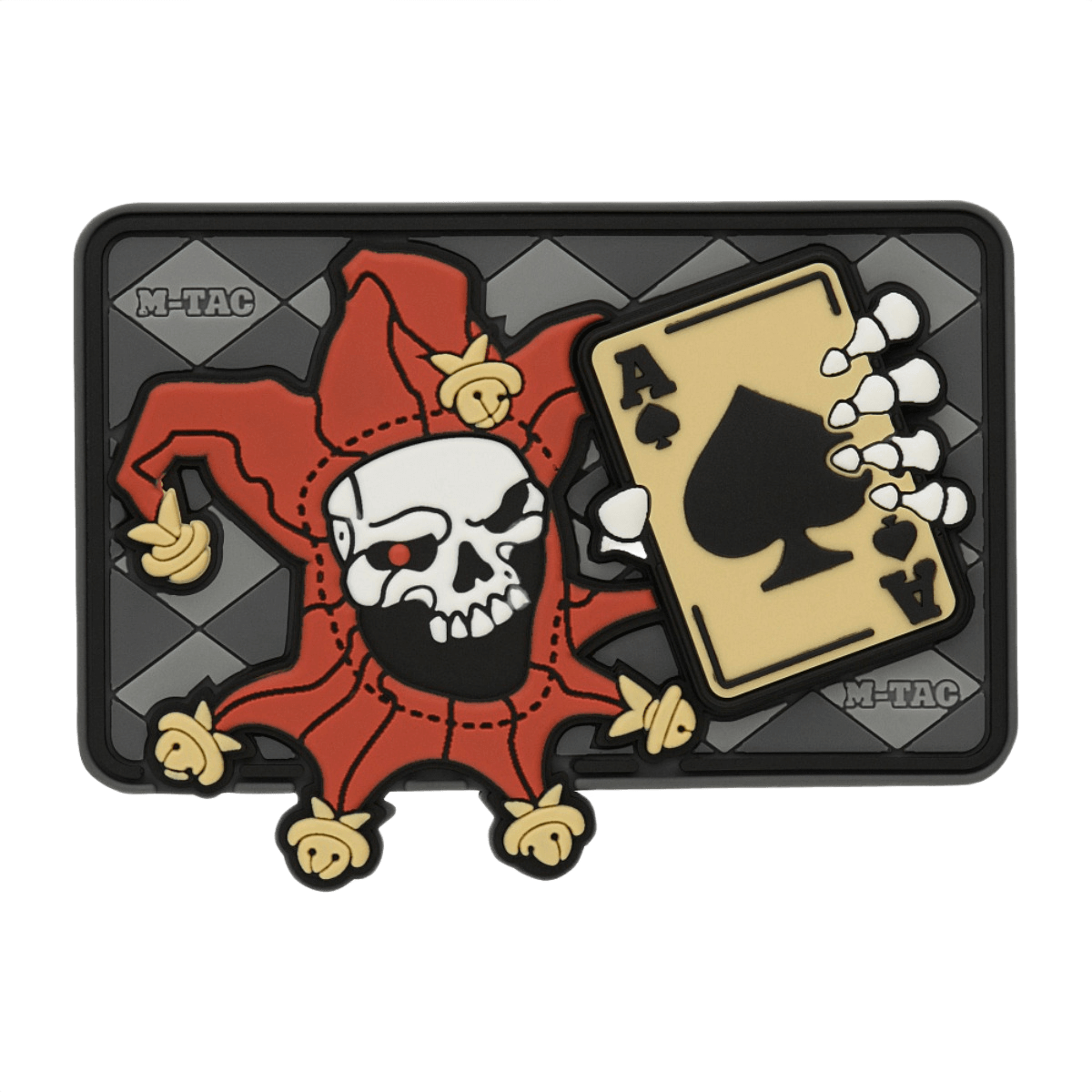 M-Tac Patch Joker Skull 3D PVC jokeri ja ässä kuoleman kortista, PVC-materiaali, Velcro-takapuoli, suunniteltu taktiseen käyttöön, 78 x 55 mm.