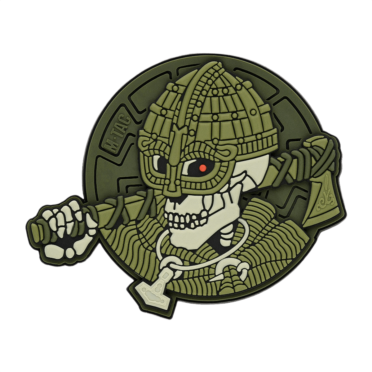 M-Tac Patch Undead Viking 3D PVC vihreästä kumista luurankosoturi-aiheella, sopii taktisiin varusteisiin tai keräilijöille, halkaisija 50 mm.