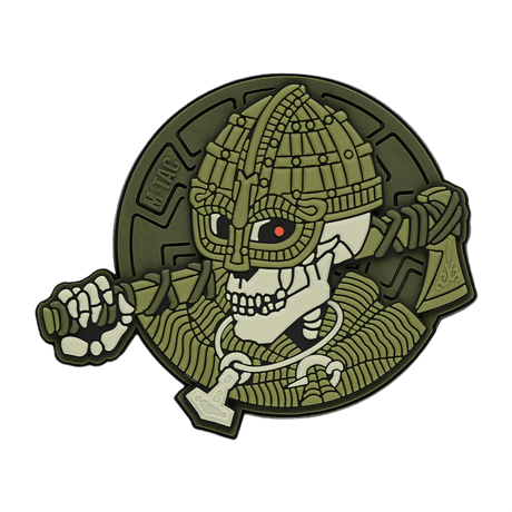 M-Tac Patch Undead Viking 3D PVC vihreästä kumista luurankosoturi-aiheella, sopii taktisiin varusteisiin tai keräilijöille, halkaisija 50 mm.