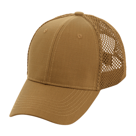 M-Tac Mesh Flex Ripstop Baseball Cap ruskeana, kevyt ja hengittävä, ripstop-etuosalla ja mesh-paneeleilla, sopiva ulkokäyttöön.