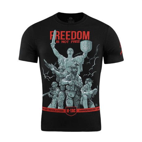 M-Tac T-Shirt Freedom printillä: sotilashenkilöitä, vastarintasymboleja, kilpi ja miekka; korostaa päättäväisyyttä ja vapautta, pehmeä puuvillasekoite.