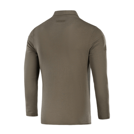 M-Tac Tactical Polo Shirt pitkähiha 65/35 takaa nähtynä, suunniteltu poliisi- ja turvallisuuskäyttöön, Velcro-panelit hihoissa, selässä ja rinnassa