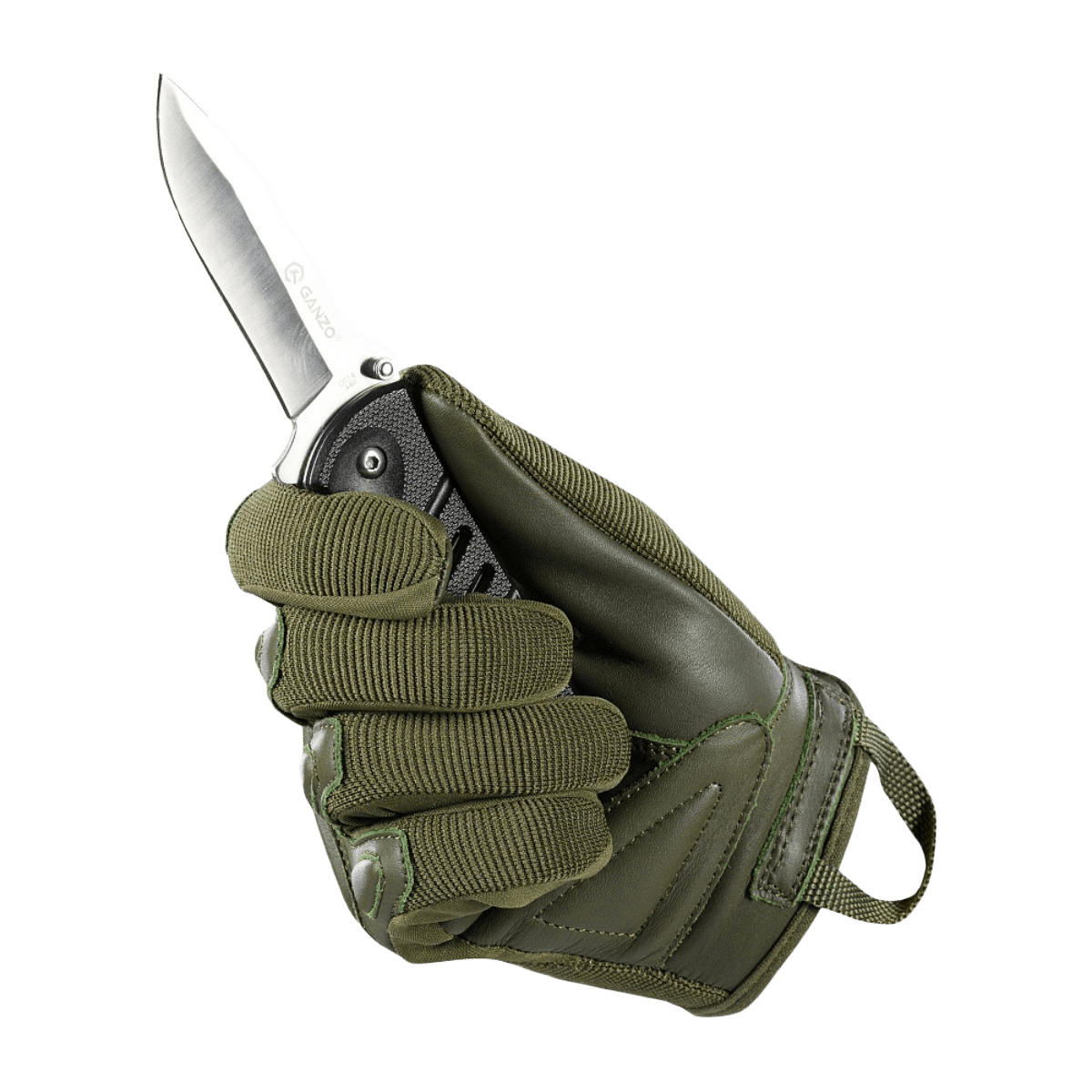 M-Tac Assault Tactical Mk.2 -käsineet vihreänä, kuvassa veitsi, optimaalinen suoja ja mukavuus.