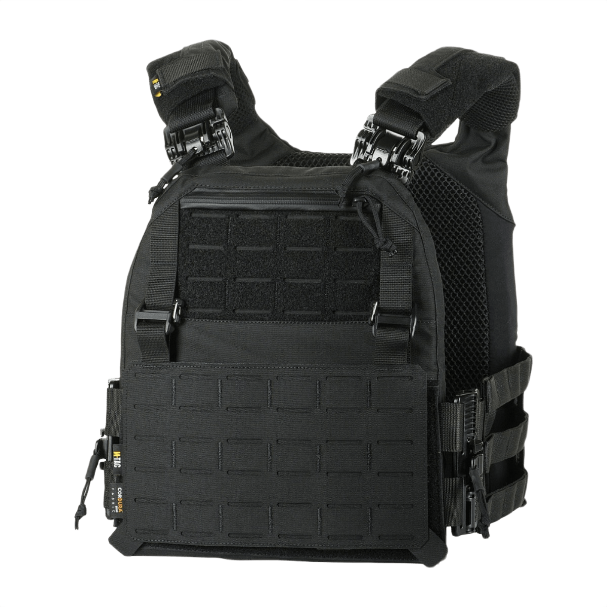 M-Tac Plate Carrier Cuirass FAST QRS Gen.II mustana, Cordura 500D ja pikasulkuominaisuus, edestä nähtynä.