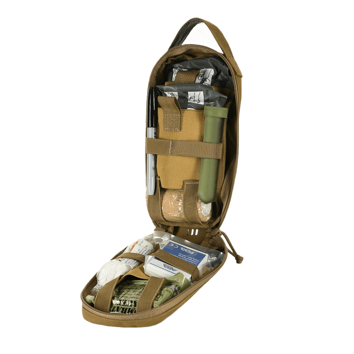 M-Tac Medical Pouch Rip Off auki, näyttää ensiapuvälineitä, kiinnitettynä MOLLE Velcro -paneeliin, helppo repäistä irti ja nopea pääsy lääkintätarvikkeisiin.
