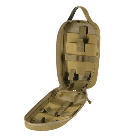 M-Tac Medical Pouch Rip Off avattuna, näyttää sisäisen muotoilun vahvoine vetoketjuineen ja MOLLE Velcro -paneeleineen turvallista säilytystä varten.