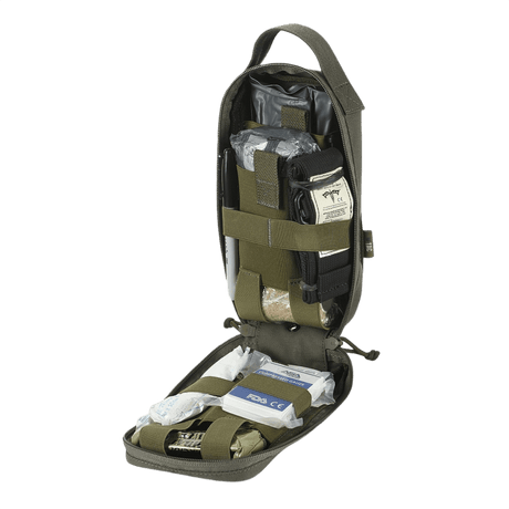 M-Tac Medical Pouch Rip Off avattu lääkintälaukku ensiapupakkauksella, kiinnitetty MOLLE Velcro -paneeleihin, valmis nopeaan käyttöön.