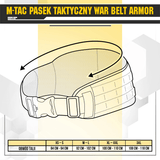 Kaavio M-Tac War Belt ARMORista koko-oppaalla ja MOLLE-webbingillä.
