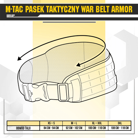 M-Tac War Belt ARMOR -kaavio koko-oppaalla ja MOLLE-webbingillä, valmistettu kestävästä Cordura 500D:stä.