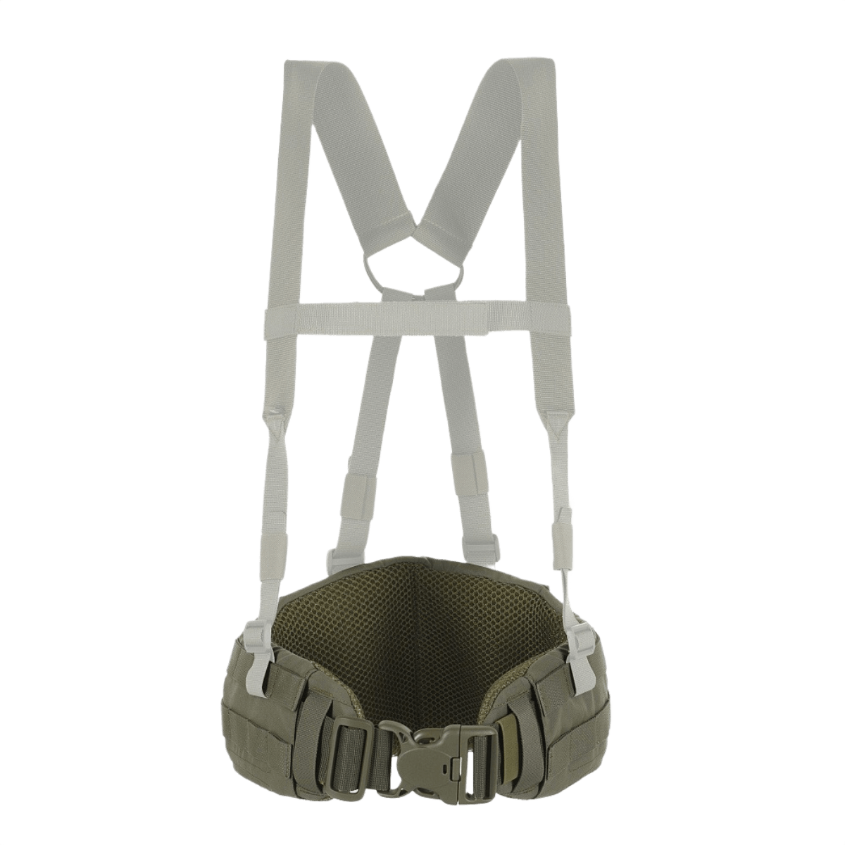 M-Tac War Belt ARMOR oliivinvihreänä säädettävillä hihnoilla ja MOLLE-webbingillä taktiseen käyttöön ja tarvikkeiden säilytykseen.