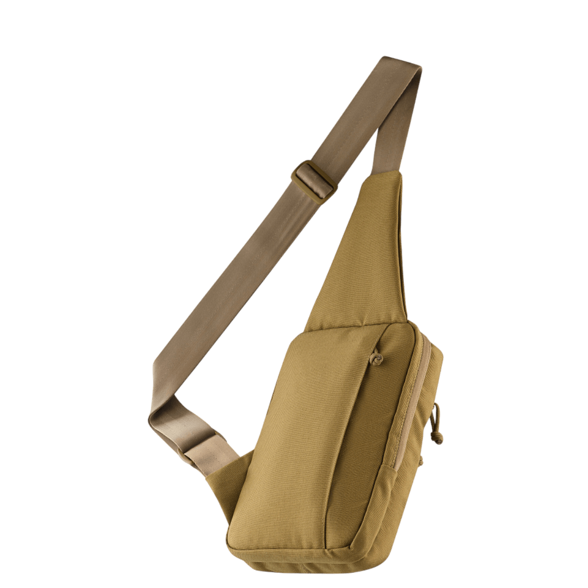 M-Tac Carry Sling Taske Elite Gen.IV, khaki nylon, Velcro, säädettävä olkahihna, piilotettuun pistoolinkantoon, galleria, positio 1