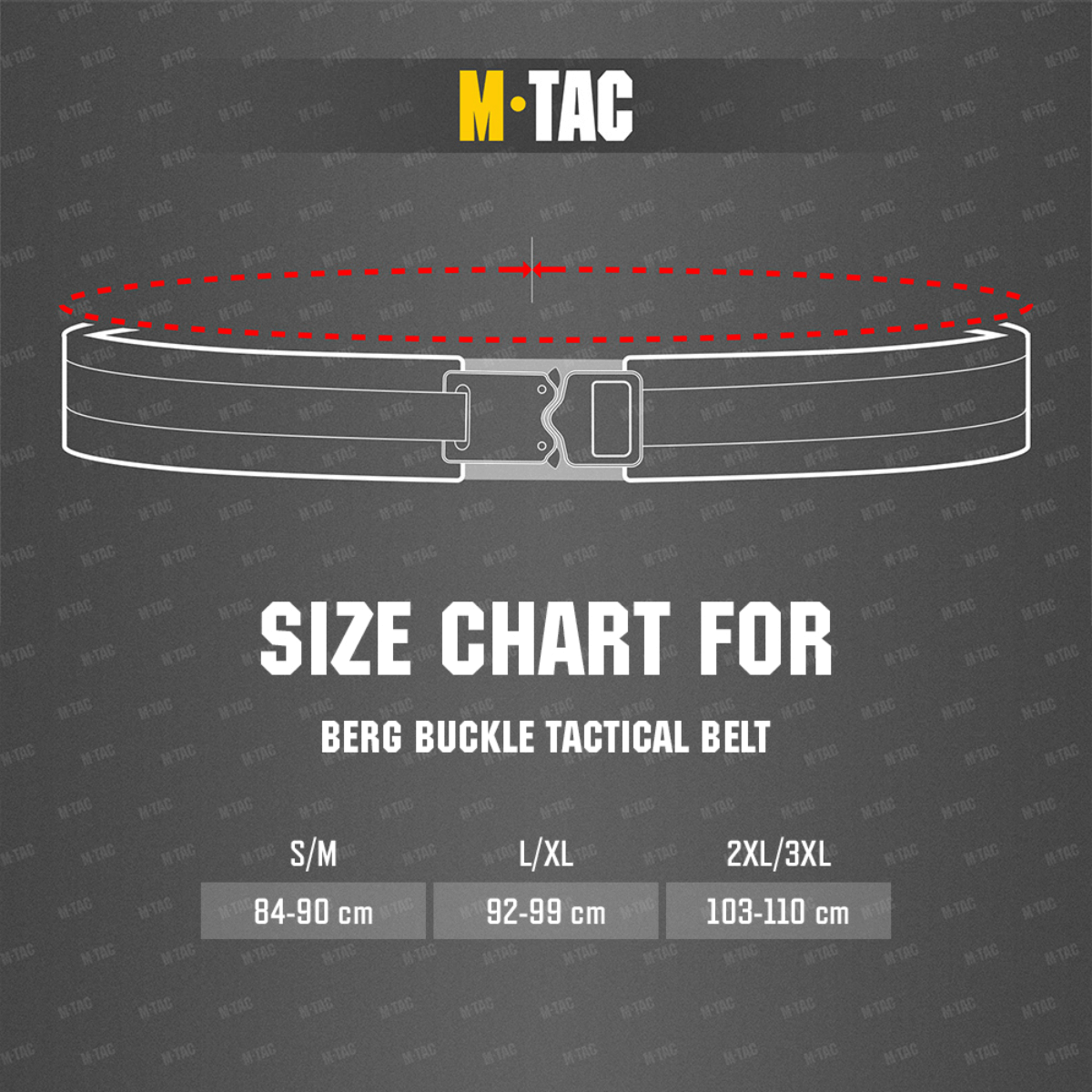 Koko-opas M-Tac Berg Buckle -taktiselle vyölle, mittoja saatavilla S/M, L/XL, 2XL/3XL.