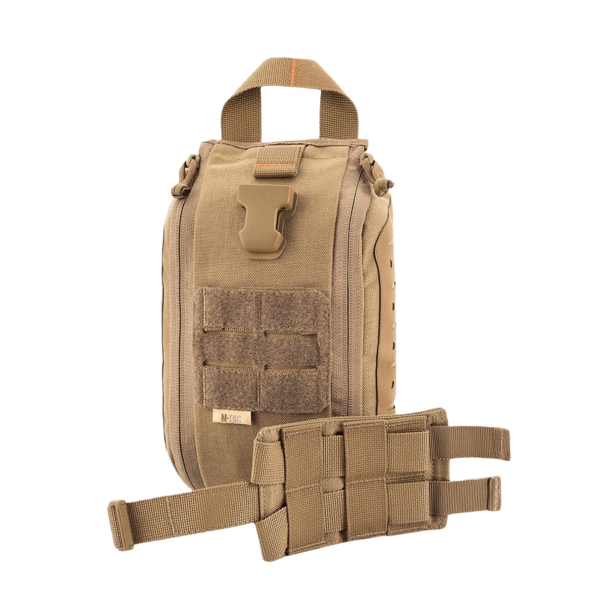 M-Tac Medical Pouch Elite Rip Off hiekansävyinen taktinen ensiapupussi kantohihnalla ja tarrakiinnityksellä nopeaan pääsyyn.