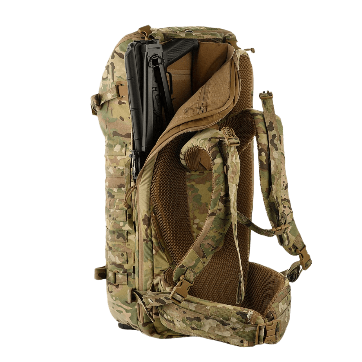 M-Tac Rygsæk Gen.II Elite Large, kamuflaasiväri, ergonominen muotoilu ja ohut taskuratkaisu aseiden kuljetukseen.