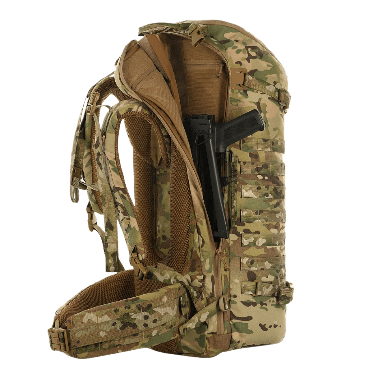 M-Tac Rygsæk Gen.II Elite Large, camodesign, avattu näyttämään sisätilat aseiden säilytykseen, valmistettu kestävästä Cordura-materiaalista.