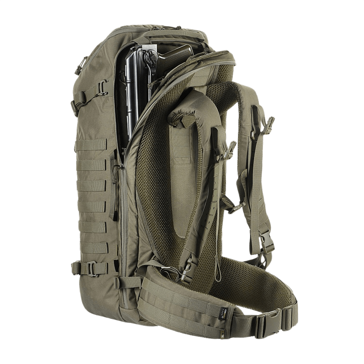 M-Tac Rygsæk Gen.II Elite Large, sotilaanvihreä, näyttää robustin muotoilun ja tilavuuden asepidikkeellä, sopii taktiseen käyttöön; vahvistettu Cordura-materiaalilla.