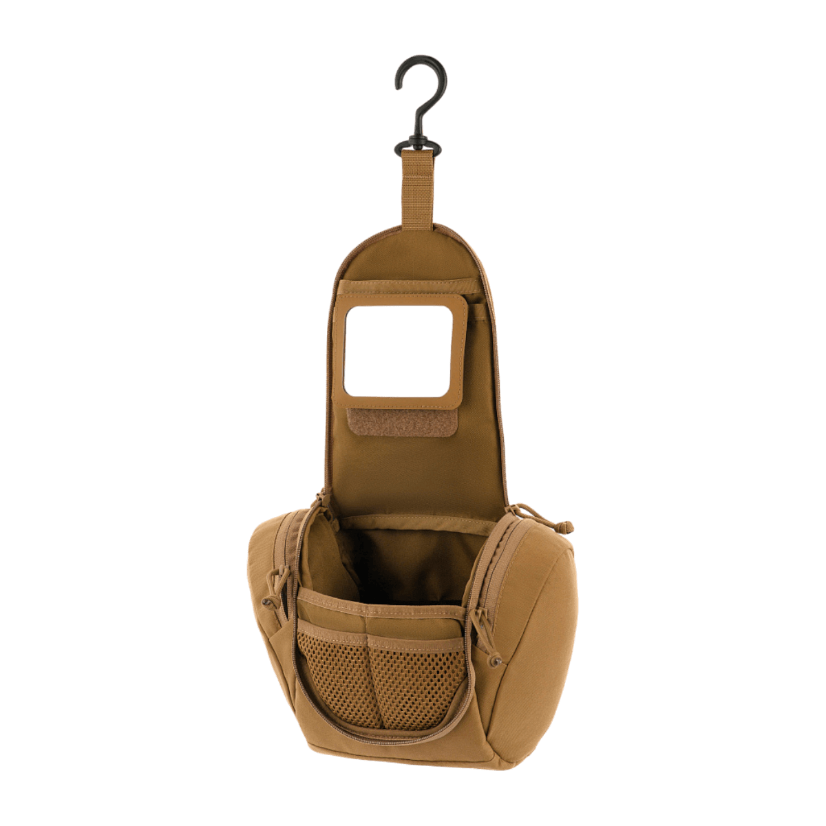 M-Tac toilettilaukku Elite Gen.II beigenä, esitetty avattuna ripustuskoukuilla, suunniteltu hygieniatuotteille ja pikkutarvikkeille, kompakti ja käytännöllinen.