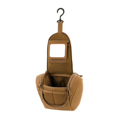 M-Tac toilettilaukku Elite Gen.II beigenä, esitetty avattuna ripustuskoukuilla, suunniteltu hygieniatuotteille ja pikkutarvikkeille, kompakti ja käytännöllinen.