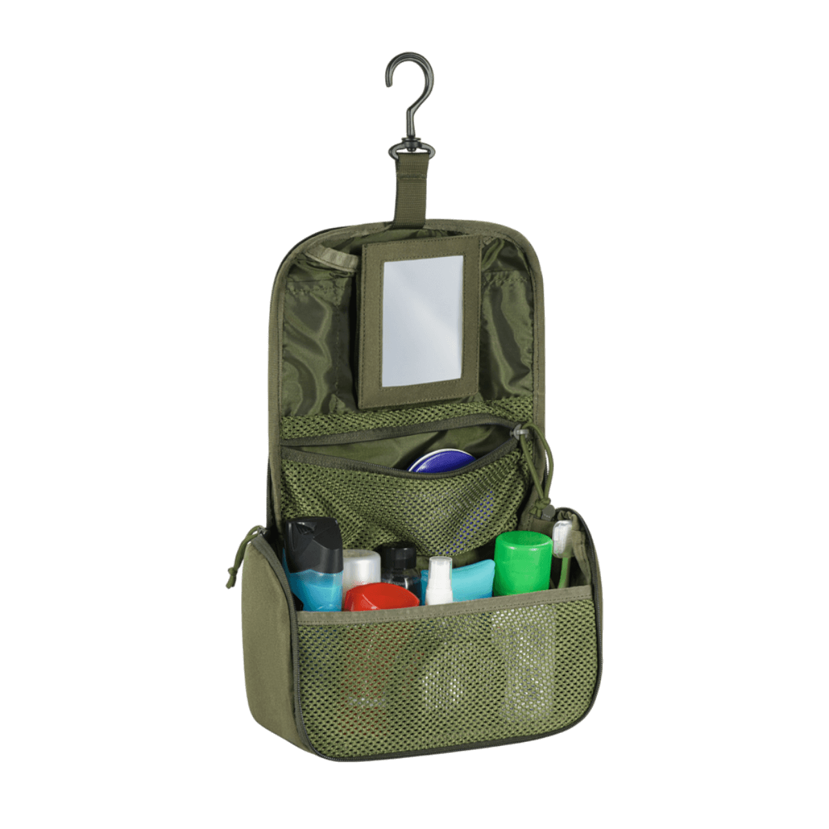 M-Tac toilettilaukku vettä hylkivästä 600D-polyesteristä, avoinna hammasharjat ja voiteet näkyvissä, kätevä matkakäyttöön. Mitat: 24 x 15 x 8,5 cm.