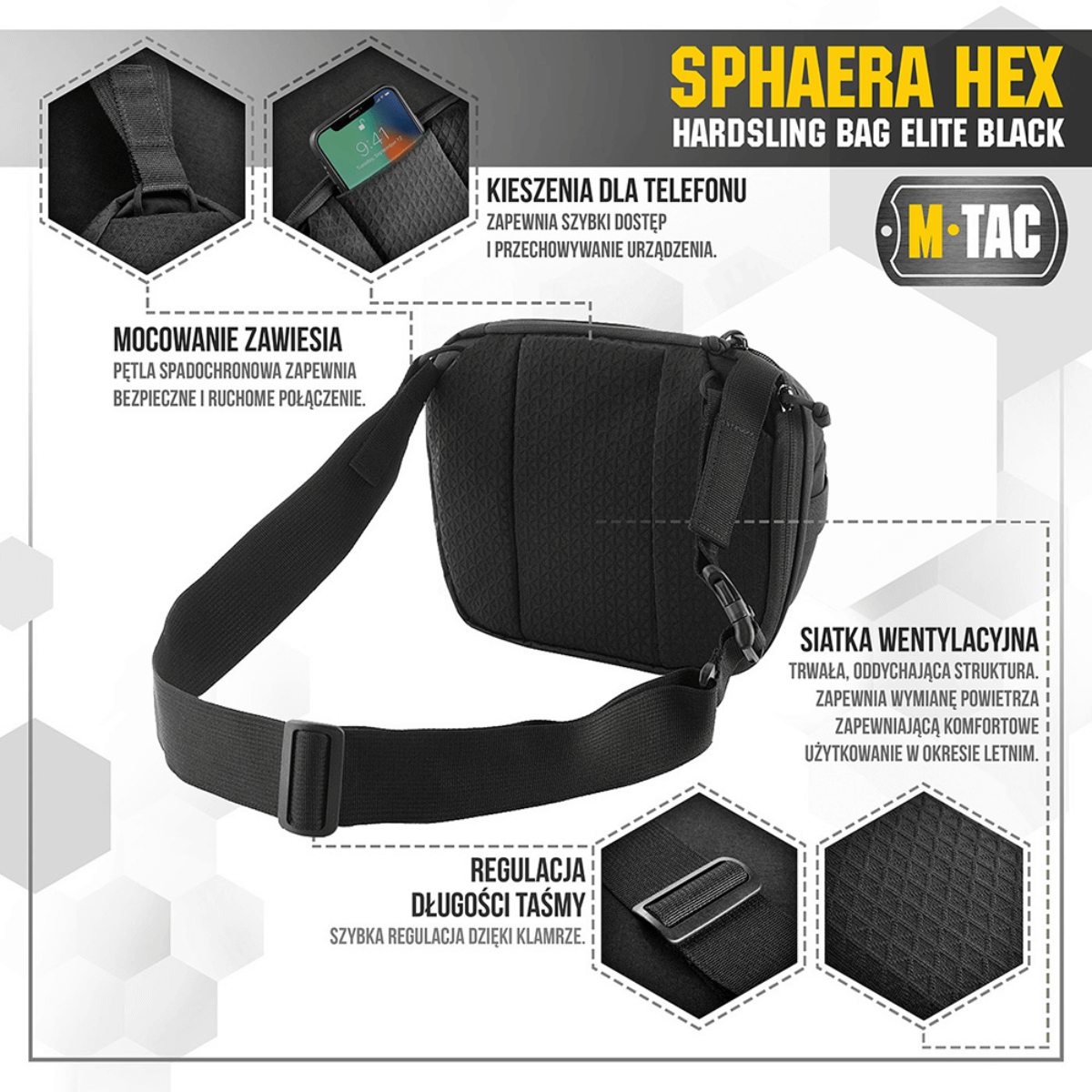 Musta M-Tac Sphaera Hex Hardsling Bag puhelintaskulla, ilmastoitu verkkoselkä ja modulaariset kiinnikkeet, sopii mukavaan kantamiseen.