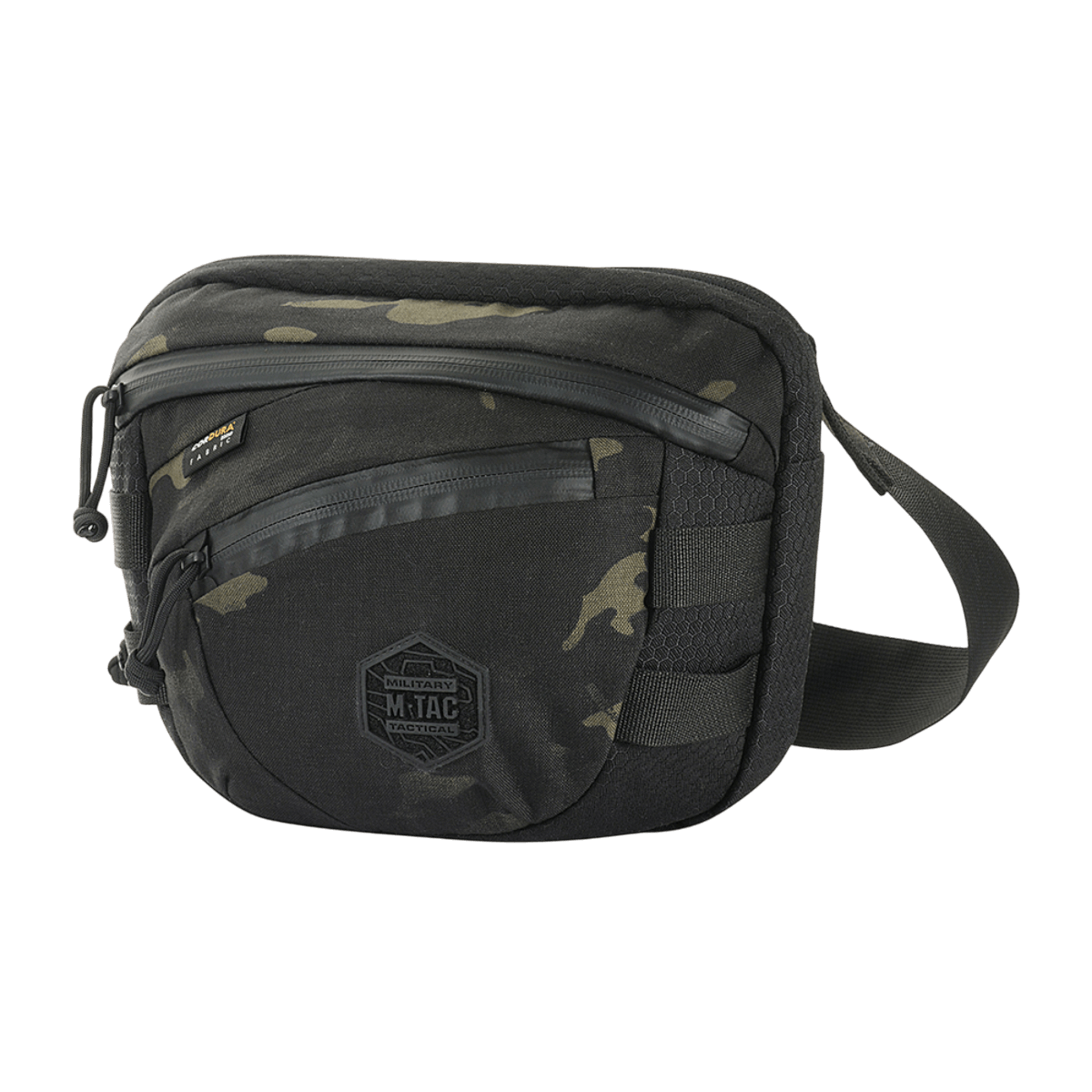 M-Tac Sphaera Hex Hardsling Taske Gen.II Elite mustana ja camouflage-kuvioisena, Cordura-laukku säädettävällä remmillä ja vetoketjullisilla lokeroilla.