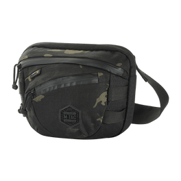 M-Tac Sphaera Hex Hardsling Taske Gen.II Elite mustana ja camouflage-kuvioisena, Cordura-laukku säädettävällä remmillä ja vetoketjullisilla lokeroilla.