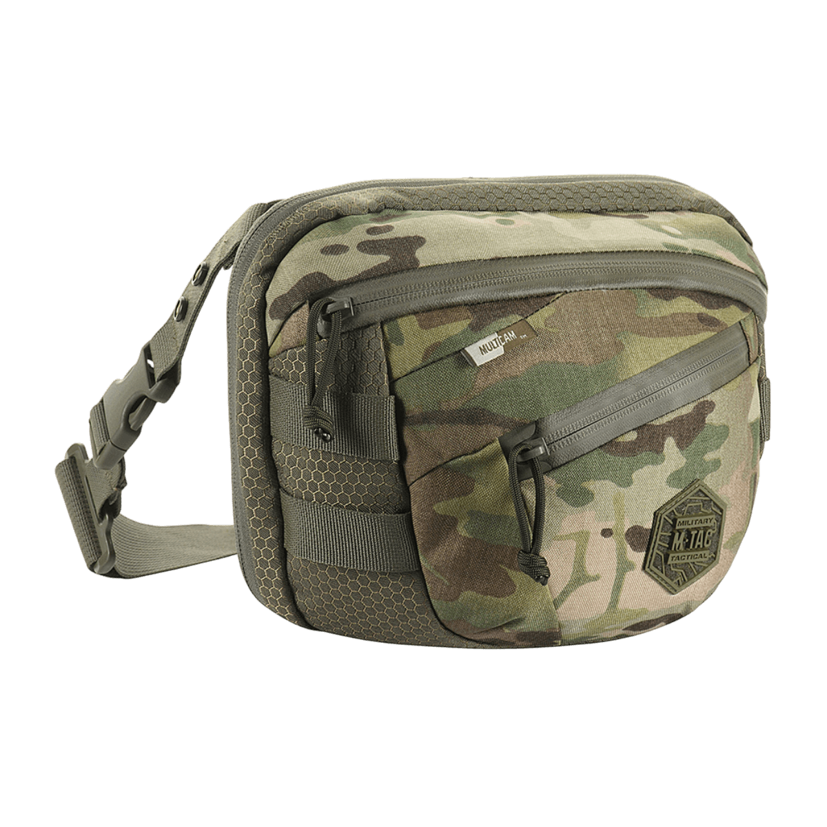 M-Tac Sphaera Hex Hardsling Taske Gen.II Elite camouflage, säädettävä hihna ja kaksi vetoketjutaskua. Kompakti ja toiminnallinen.