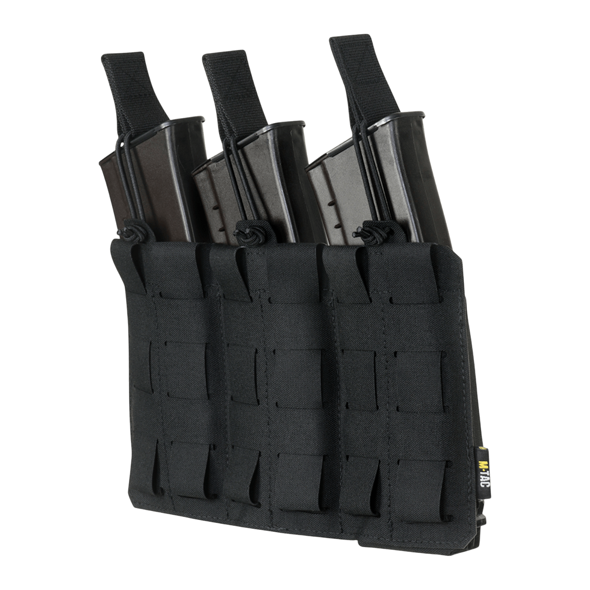 M-Tac Elastinen Triple Magazine Pouch Elite mustana kolmelle AK/AR-lippaalle, valmistettu Cordura 500D:stä, MOLLE Laser Cut. Kompakti muotoilu.