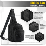 M‑Tac Cross Bag Elite Hex käytännöllinen musta sling-laukku MIL-SPEC-hihnoilla ja YKK-vetoketjuilla, ihanteellinen päivittäiskäyttöön ja varusteille